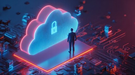 Futuristic Cloud Security Interface Operated by Businessman