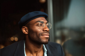 Smiling stylish man wearing glasses and beret looking outside in warm ambient light, candid urban portrait
