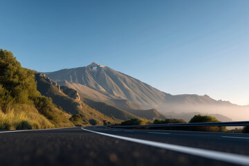 Mountain road at sunrise with low angle view, scenic asphalt highway surrounded by nature
