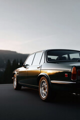 Vintage green sedan parked at sunset, classic car with chrome details and smooth reflective surface
