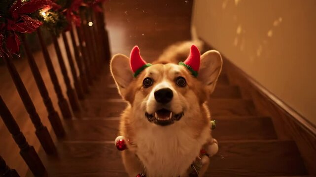 corgi ornaments - A festive corgi wearing playful elf ears descends a wooden staircase adorned with holiday decorations, creating a warm and cheerful atmosphere in a cozy home