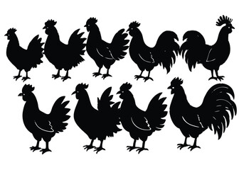 Black Silhouettes of Chicken and Roosters