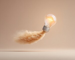 Premium glowing light bulb liftoff with vapor trail rocket effect, modern creative innovation concept for professional marketing and social media campaigns