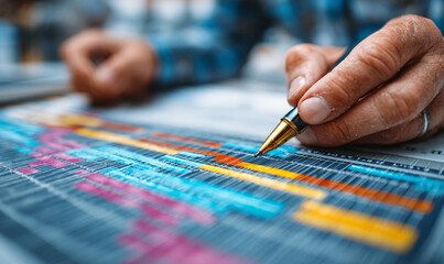 Close up of hand using pen on a color coded chart or schedule sheet