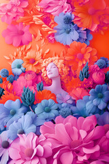 A woman's head emerges from a vibrant, overflowing bed of meticulously crafted paper flowers in shades of pink, orange, and blue, creating an ethereal and artistic floral portrait