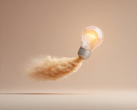 Premium glowing light bulb liftoff with vapor trail rocket effect, modern creative innovation concept for professional marketing and social media campaigns