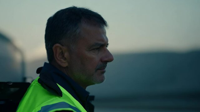 Serious sanitation worker looking away in profile at dawn