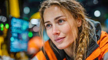 A concerned female paramedic in a yellow uniform sits inside a high-tech ambulance, surrounded by illuminated medical monitors and emergency equipment