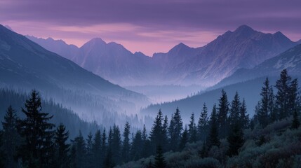 Serene Mountain Landscape with Misty Valley and Purple Sky at Dusk