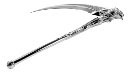 Ancient Metal Scythe: A detailed studio shot of a metallic scythe against a contrasting backdrop. This image evokes themes of craftsmanship, historical artifacts, and sharp design.