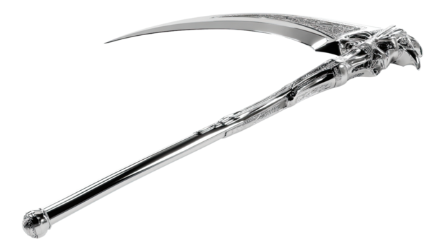 Ancient Metal Scythe: A detailed studio shot of a metallic scythe against a contrasting backdrop. This image evokes themes of craftsmanship, historical artifacts, and sharp design.