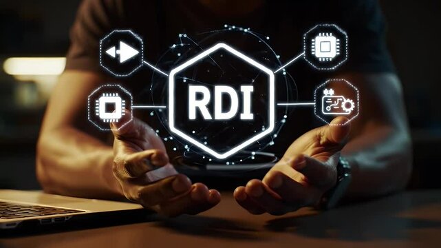 Man Presenting Digital Rdi Concept with Glowing Icons Against Dark Background Technical Data Visualization and Modern Technology Diagram Illustration