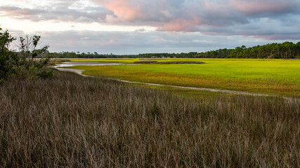 Fototapeta premium Colorful clouds over the salt marsh at low tide revealing the green spartina grass
