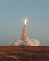 Powerful rocket launch liftoff over open field sky premium space exploration image for modern tech marketing and inspiring educational content