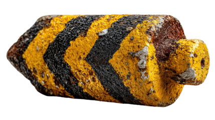 Rusty Yellow and Black Chevron Weight: A weathered, rusty weight with a distinctive yellow and black chevron pattern, showing signs of age and wear.  The texture is rough and the paint is chipped.