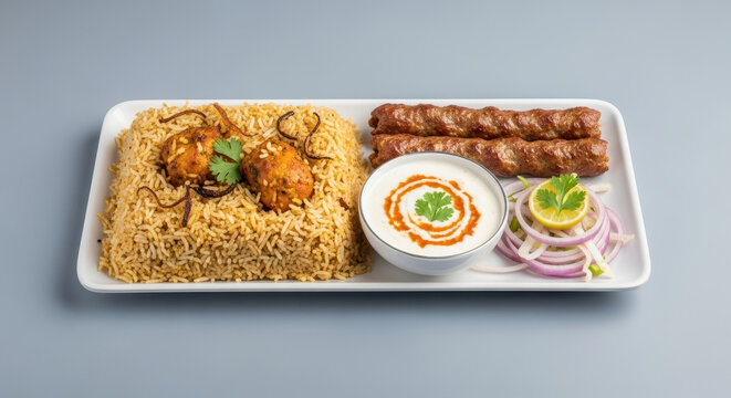 A complete Indian platter with lamb seekh kebab vegetable biryani and raita a balanced and delicious meal served with fresh onion salad