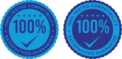 100% tested compatibility badges in round blue design with check mark and stars, ensuring quality and satisfaction	