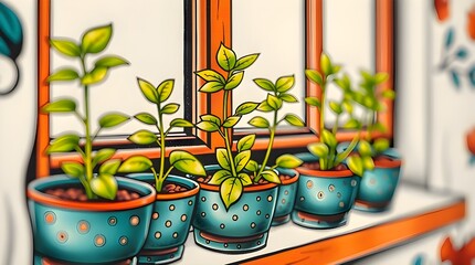 A tight close-up shot of a vibrant, retro-style traditional tattoo art print depicting bright green seedlings in speckled pots on a windowsill, rendered in complex ornamental detail against a white