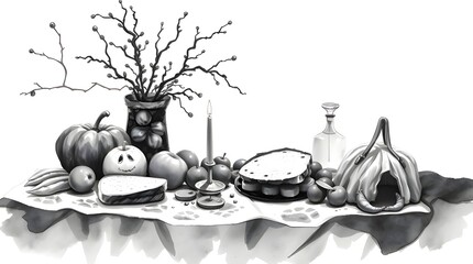 A classic black and white watercolor painting of a Boho picnic scene with fruit and bread on a white background, creating an eerie and creepy atmosphere. The painting utilizes translucent washes