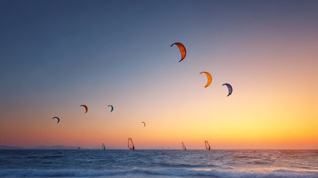 Athletes kitesurfing and windsurfing during a vibrant sunset create a dynamic watersports scene, blending the thrill of extreme sports with the serene beauty of nature