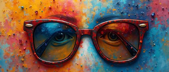 Sunglasses lie on a surreal colorful flat face of a person