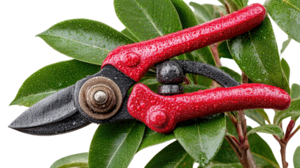 Garden Pruning: Close-up of red handled pruning shears neatly positioned amidst a backdrop of vibrant green leaves, representing garden work.
