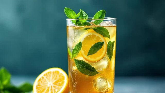 Here's a concise description:

Refreshing lime and mint cocktails or lemonade in a cold glass with ice