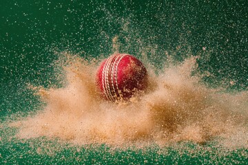 High-Quality Cricket Ball in Dynamic Motion with Explosive Particles Modern Sports Energy for Professional Marketing and Social Media Campaigns