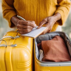 Obraz premium Authentic Senior Man Preparing Travel Checklist with Yellow Suitcase Premium Organized Lifestyle Content for Vacation Marketing and Social Media Campaigns