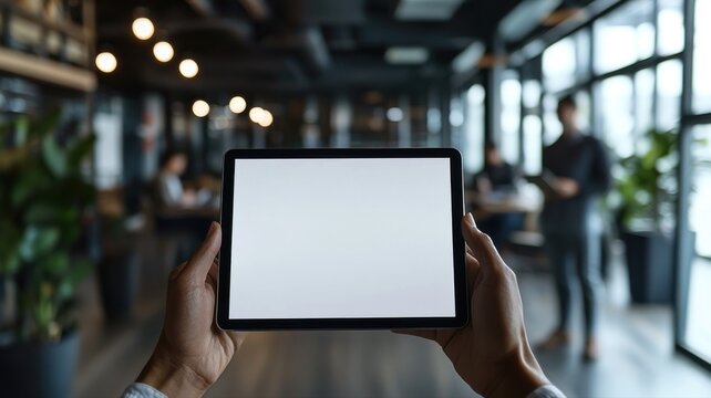 Hands Holding Tablet with Blank Screen in Modern Office tablet hands holding office modern screen ai