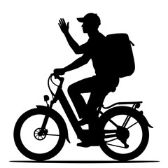 Naklejka premium Silhouette of courier on e-bike waving, sustainable delivery service