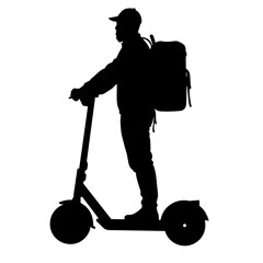 Silhouette of person on e-scooter with backpack, urban mobility and delivery