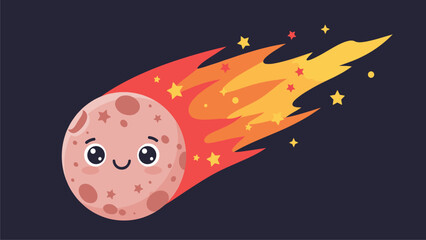 Cute Cartoon Meteoroid with Flamming Tail, Space Illustration