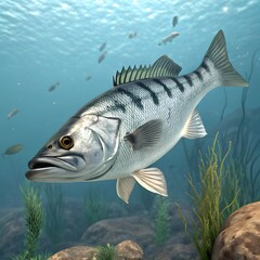 Naklejka premium A colorful perch swimming in a sunlit freshwater stream with rocks and aquatic plants.