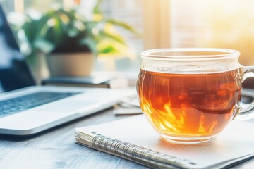 A glass cup of tea on a desk.