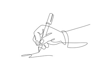 Hand of businessman signing business document with pen, Continuous outline drawing, Business line art drawing concept, Vector design illustration.