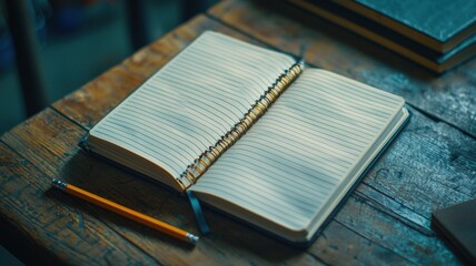 Obraz premium Open Notebook and Pencil on Rustic Wooden Desk notebook pencil desk rustic journal wooden table work