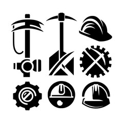 Mining industry icons tools gear and safety helmets