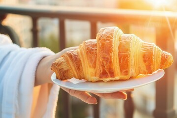 Enjoying a fresh croissant on a sunny balcony during a relaxing morning