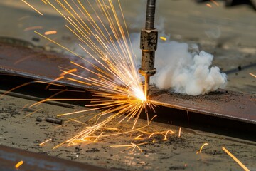 Welding sparks fly as metal is cut in a workshop during daylight hours creating a dynamic display of fire and smoke