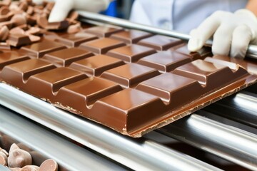 Delicious chocolate bars stacked neatly on aluminum foil at a confectionery shop