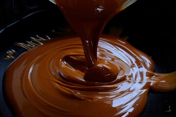 Caramel sauce drizzles over soft square candies in a close-up shot showcasing rich colors and textures
