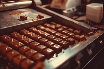 Delicious chocolate bars stacked neatly on aluminum foil at a confectionery shop