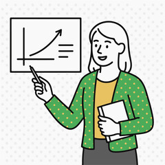 Flat Line Icon of Female Teacher Explaining Chart &ndash; Vector Illustration