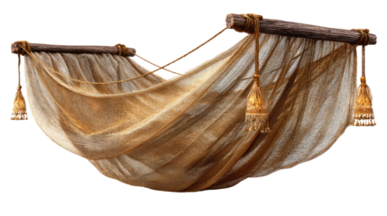 Luxurious Hammock: A large, elegant hammock crafted from luxurious beige fabric drapes gracefully between two sturdy wooden beams, adorned with golden tassels.