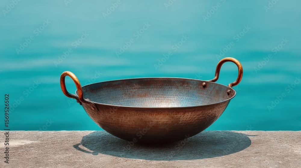 Poster Authentic High-Quality Seasoned Wok with Dual Handles on Neutral Background for Professional Culinary Use and Modern Food Preparation Content