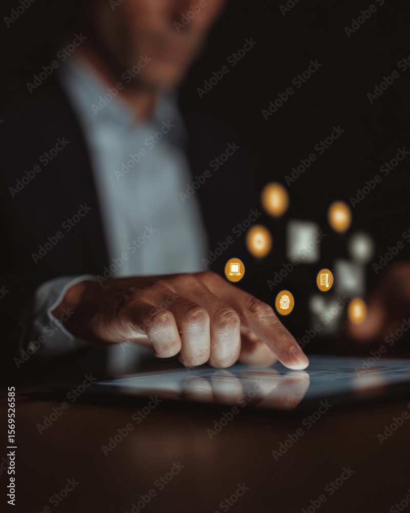 Poster professional businessman using digital touchscreen for secure online identity verification modern go