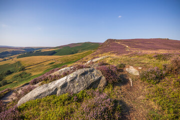 Heather trail leading across Derwent Edge ridge with panoramic summer views of Hope Valley in Peak...