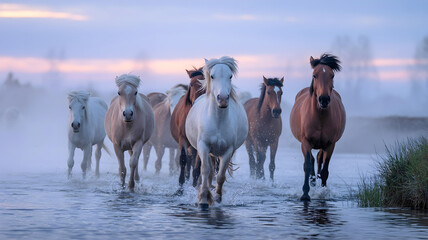Obraz premium Wild horses charging through foggy riverbed at dawn 