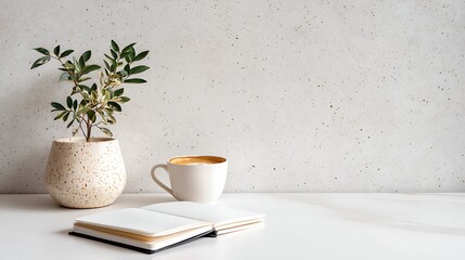 Still Life with Coffee, Plant and Open Notebook on White Surface